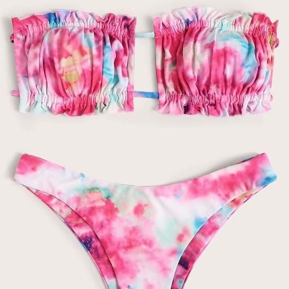 Tie Dye Ruched Bandeau High Cut Bikini Swimsuit - Picture 3 of 6